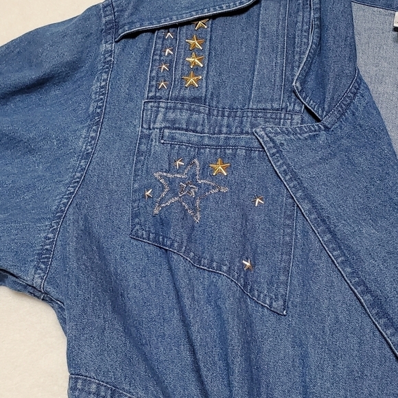 VINTAGE 80s Styleworks Beaded Star Studded Pleated Wide Leg Culotte Denim Romper - Picture 9 of 16